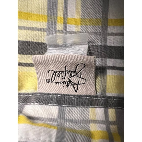 Adrian Delafield blouse L/XL Yellow gray plaid flowers short sleeve pocket colla - Picture 14 of 15